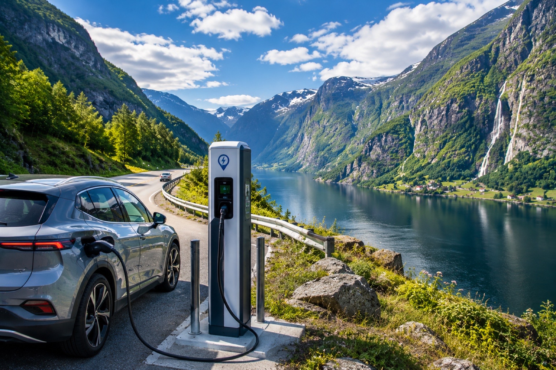 Samochód elektryczny ładowany przy fiordzie
